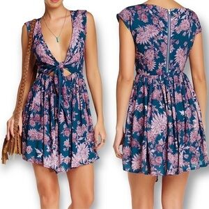 Sea Gypsies teal & purple flower tie front babydoll  Viscose Dress | Size Medium